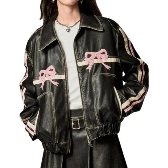 Womens Faux Leather Bomber Jacket with Bow Detail Stylish Fall Outerwear Coat - Picture 1 of 6